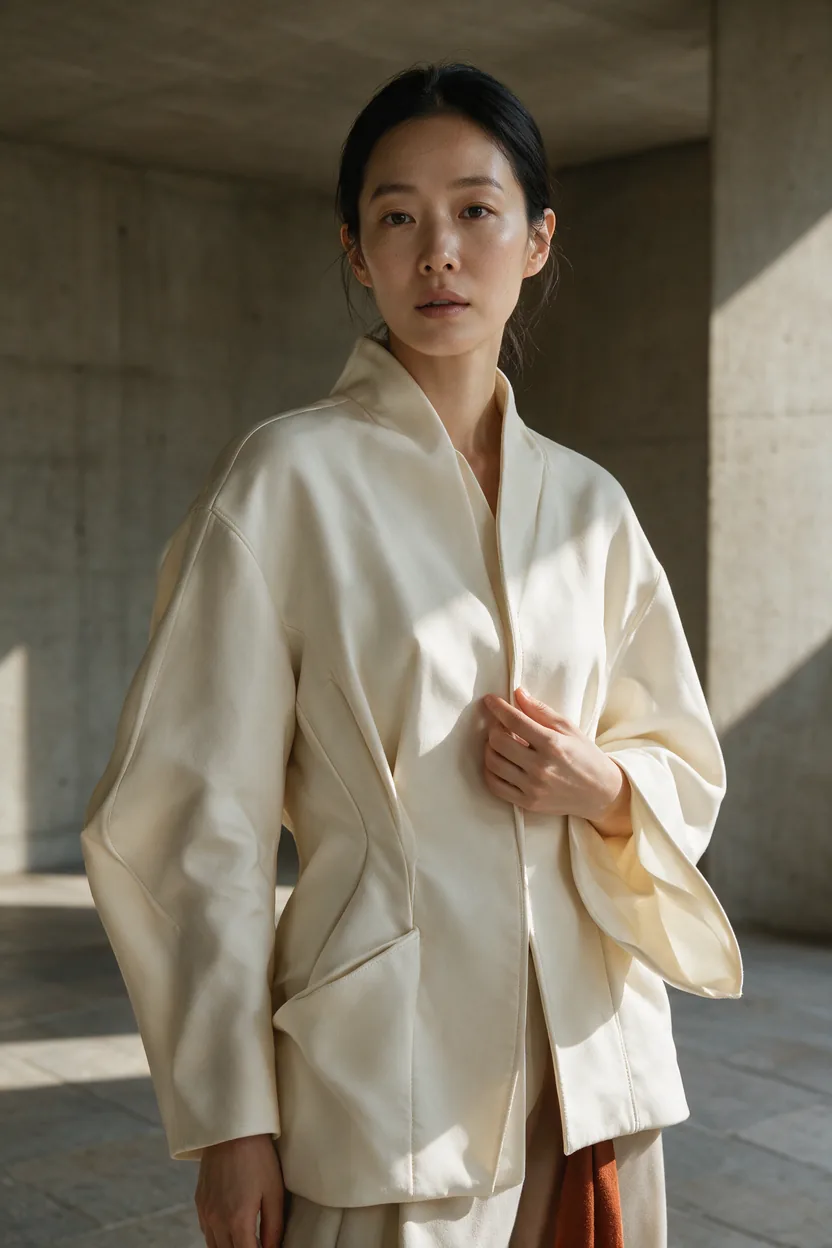아이보리 의상을 입은 한국인 성인 여성의 AI 패션 이미지
