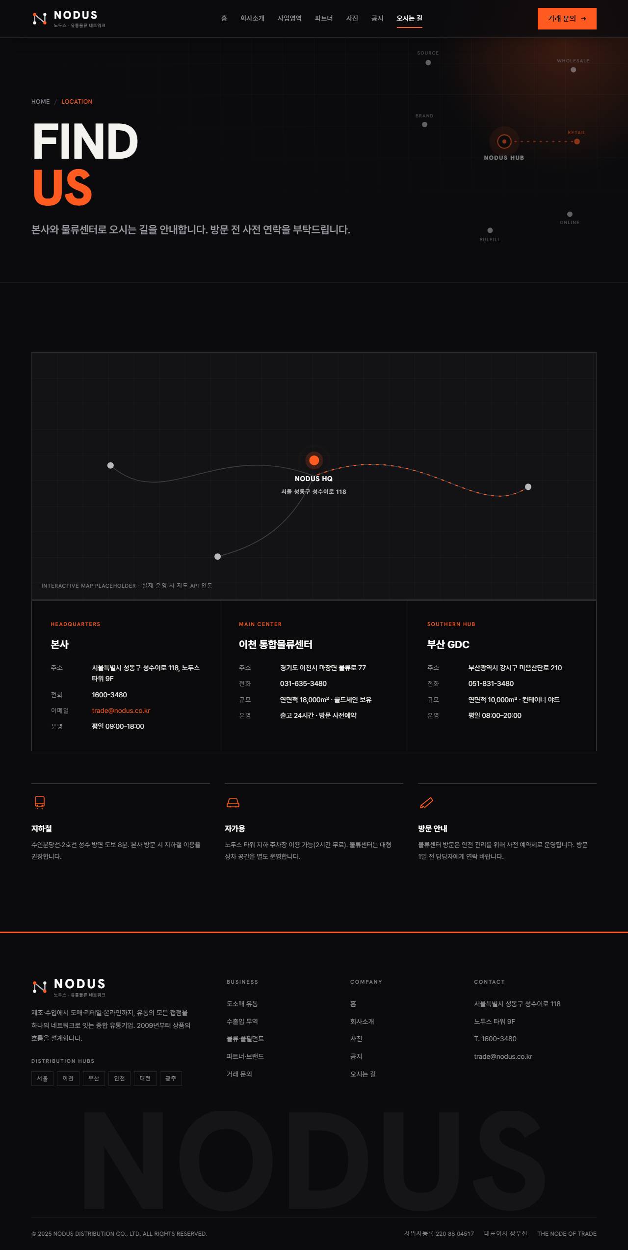 NODUS 노두스 — 유통·물류 (잉크블랙 편집형+오렌지) — 오시는 길