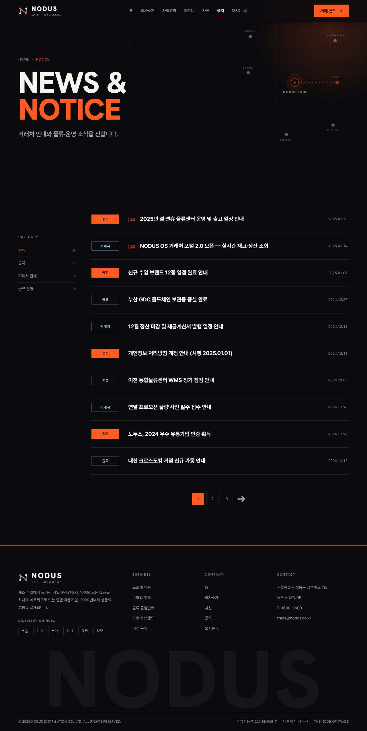 NODUS 노두스 — 유통·물류 (잉크블랙 편집형+오렌지) — 공지